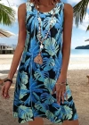 Kadın Mavi Yaprak Baskılı Askılı Süprem Elbise