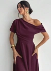 Kadın Omuzdan Açık Kısa Kollu Omuzdan Pileli Uzun Janjan Krep Elbise