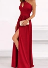 Kadın Omuzlardan Açık Asimetrik Yaka Detaylı Yırtmaçlı Maksi Boy Janjan Krep Elbise