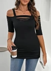 Kadın Omuzlardan Açık Askılı Lazer Kesim Detaylı Viskon Bluz