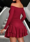 Kadın Omuzlardan Açık Belden Saran Büzgülü Etek Ucu Volanlı Dalgıç Mini Elbise