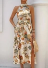 Kadın Omuzlardan Açık Halter Yakalı Yırtmaçlı çiçek Desenli Süprem Elbise