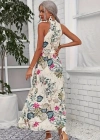 Kadın Omuzlardan Açık Halter Yakalı Yırtmaçlı çiçek Desenli Süprem Elbise