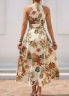 Kadın Omuzlardan Açık Halter Yakalı Yırtmaçlı çiçek Desenli Süprem Elbise
