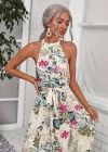 Kadın Omuzlardan Açık Halter Yakalı Yırtmaçlı çiçek Desenli Süprem Elbise