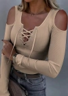 Kadın Omuzlardan Açık Uzun Kollu Bağcıklı Kaşkorse Bluz