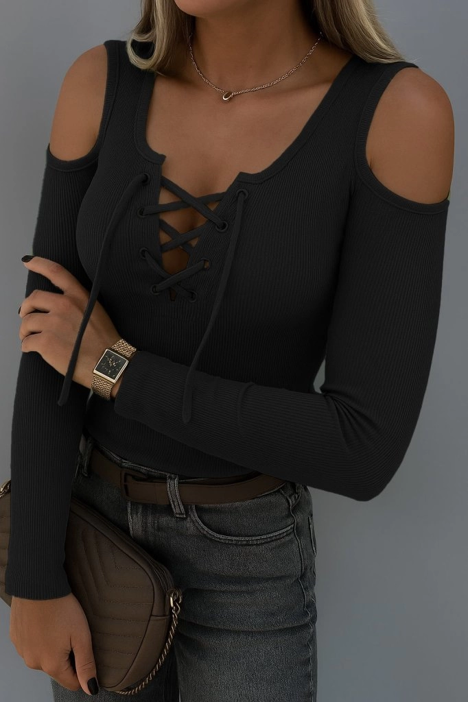 Kadın Omuzlardan Açık Uzun Kollu Bağcıklı Kaşkorse Bluz