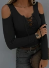 Kadın Omuzlardan Açık Uzun Kollu Bağcıklı Kaşkorse Bluz