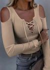 Kadın Omuzlardan Açık Uzun Kollu Bağcıklı Kaşkorse Bluz