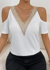 Kadın Omuzlardan Açık V Yakalı Viskon Bluz