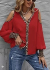 Kadın Omuzlardan Açık Yakalı önden Düğmeli Leopar Detaylı Sandy Bluz