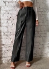 Kadın önden Fermuarlı Cepli Geniş Kesim Lame Deri Pantolon