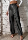 Kadın önden Fermuarlı Cepli Geniş Kesim Lame Deri Pantolon