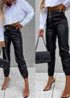 Kadın Pantolon Paçası Lastikli Deri Pantolon (kemersiz)