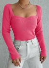 Kadın Pembe Dekolteli Kare Yaka Triko Bluz 2042