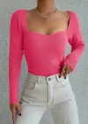 Kadın Pembe Dekolteli Kare Yaka Triko Bluz 2042