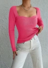 Kadın Pembe Dekolteli Kare Yaka Triko Bluz 2042