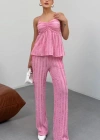 Kadın Pembe  Dokulu Askılı Üst Ve Bol Paça Pantolon 2’li Takım