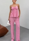 Kadın Pembe  Dokulu Askılı Üst Ve Bol Paça Pantolon 2’li Takım