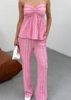 Kadın Pembe  Dokulu Askılı Üst Ve Bol Paça Pantolon 2’li Takım