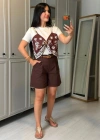 Kadın şal Desen Detay Bluz Ve Keten şort Ikili Takım