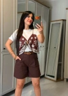 Kadın şal Desen Detay Bluz Ve Keten şort Ikili Takım