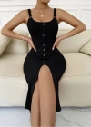 Kadın Sıfır Kol Askı Halka Detay önü Düğmeli Midi Boy Yırtmaçlı Fitilli Kaşkorse Elbise