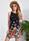 Kadın Sıfır Kollu Bisiklet Yaka çiçek Desenli Süprem Mini Elbise