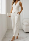 Kadın Sıfır Kollu çapraz V Yakalı önden Düğmeli Atlas Yelek Ve Pantolon Ikili Takım