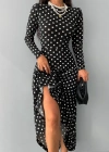 Kadın Siyah Tam Boy Beyaz Puantiyeli Elbise
