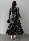 Kadın Siyah Tam Boy Beyaz Puantiyeli Elbise
