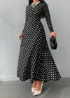 Kadın Siyah Tam Boy Beyaz Puantiyeli Elbise