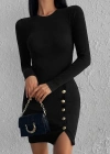 Kadın Siyah Uzun Kollu Bisiklet Yaka Yan Yırtmaç Düğme Detay Kısa Kaşkorse Elbise