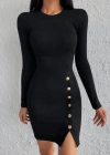 Kadın Siyah Uzun Kollu Bisiklet Yaka Yan Yırtmaç Düğme Detay Kısa Kaşkorse Elbise