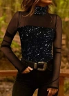 Kadın Siyah Uzun Kollu Kolları Ve Dekolte Tül Ve Payet Detay Balıkçı Yaka Bluz