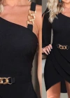 Kadın Tek Kolu Uzun Ve Yırtmaçlı Bir Omuzu Ve Beli Toka Detay Kısa Krep Elbise