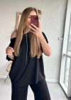 Kadın Tek Omuzdan Açık Geniş Kesim Viskon Iki Iplik Bluz Ve Pantolon Ikili Takım