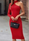 Kadın Tek Omuzdan Açık Uzun Kollu Balıkçı Yaka Midi Ithal Krep Elbise