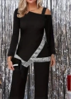 Kadın Tek Omuzdan Açık Uzun Kollu önü Pulpayet Ithal Krep Bluz Ve Pantolon