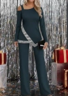 Kadın Tek Omuzdan Açık Uzun Kollu önü Pulpayet Ithal Krep Bluz Ve Pantolon