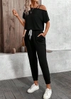 Kadın Tek Omuzdan Açık Viskon Iki Iplik Bluz Bağcıklı Pantolon Ikili Takım