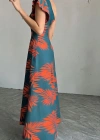 Kadın Tek Omuzlardan Açık Yırtmaçlı Uzun Desenli Elbise