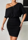 Kadın Tek Omuzu Açık Büzgülü Kısa Sandy Elbise