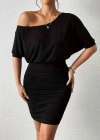 Kadın Tek Omuzu Açık Büzgülü Kısa Sandy Elbise