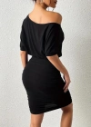 Kadın Tek Omuzu Açık Büzgülü Kısa Sandy Elbise