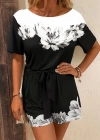 Kadın Tek Omuzu Açık çiçek Desenli Beli Kuşaklı Iki Iplik Mini Short Tulum