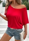 Kadın Tek Omuzu Açık Kısa Kollu Salaş Viskon Bluz