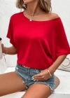 Kadın Tek Omuzu Açık Kısa Kollu Salaş Viskon Bluz