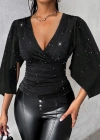 Kadın Truvakar Kollu Kruvaze Yakalı Simli Sandy Bluz