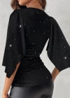 Kadın Truvakar Kollu Kruvaze Yakalı Simli Sandy Bluz
